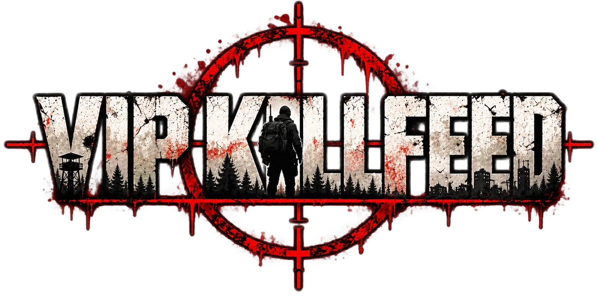 VIP Killfeed logo: a survivor with a rifle stands inside a dripping red sniper reticle, a watchtower, forest and ruined town in the lettering
