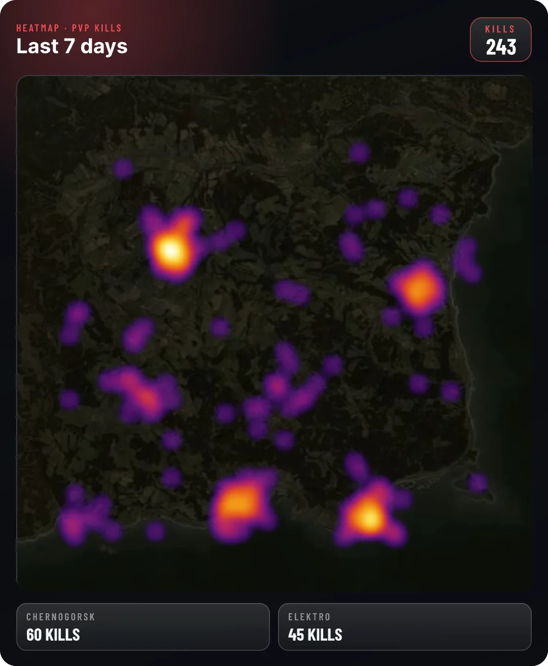 Thermal kill heatmap of Chernarus: faint violet for single kills, white-hot where kills stack up