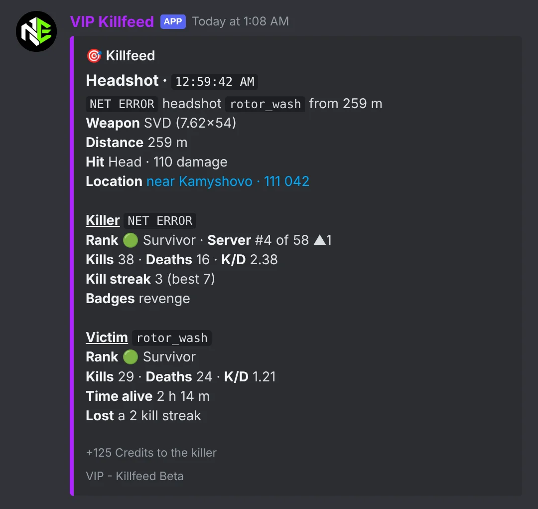 Simple kill post: NET ERROR headshot rotor_wash, with weapon, distance, hit, location and both players' rank, kills, deaths and K/D as text