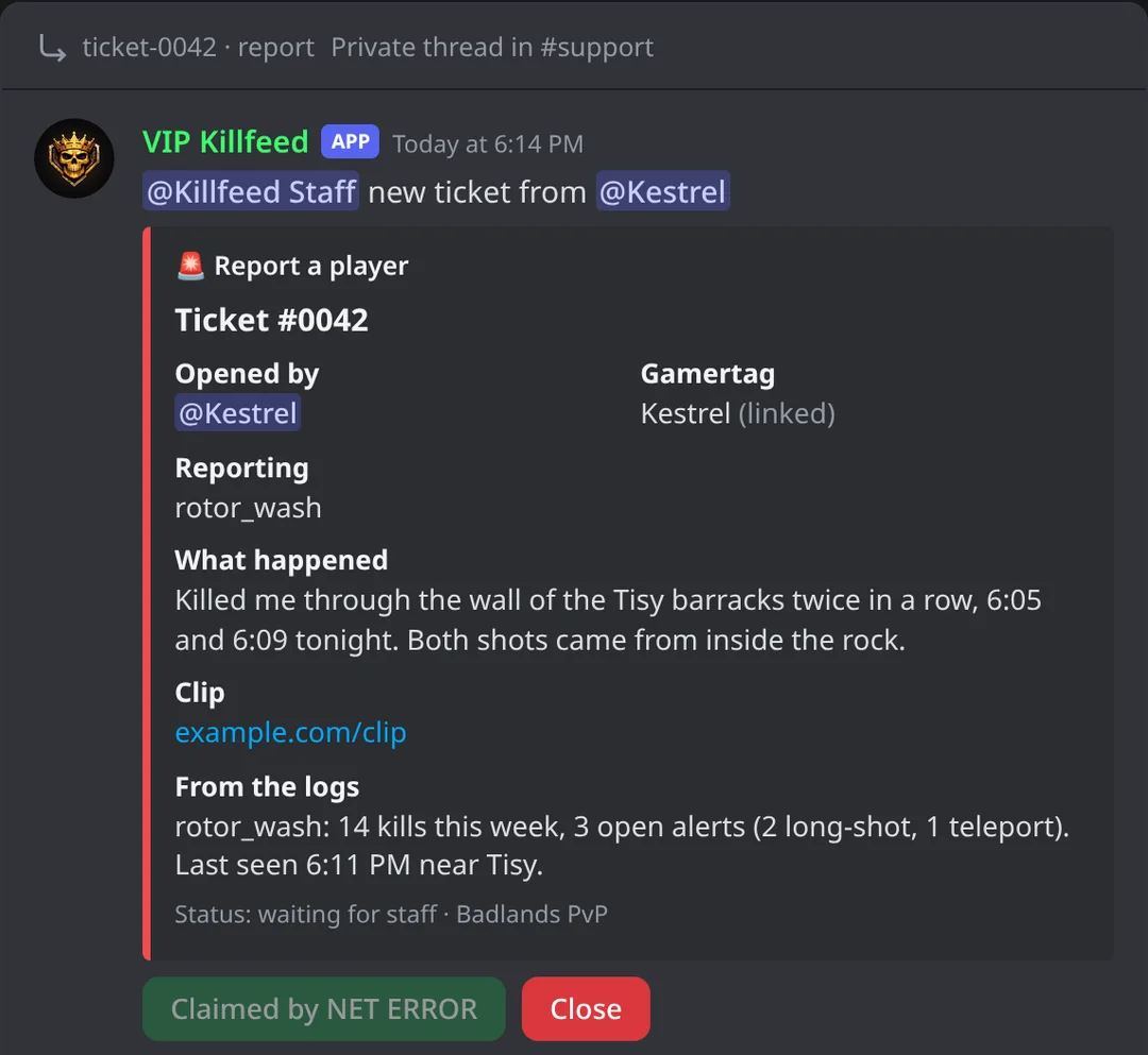 A support ticket in a private Discord thread: report a player, the form answers, what the logs say about the reported player, a Claimed by button and a Close button